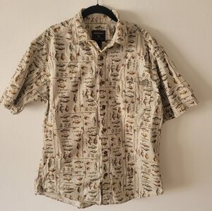 Woolrich Vintage Fly Fishing All Over Print Short Sleeve Button Down Tan Medium